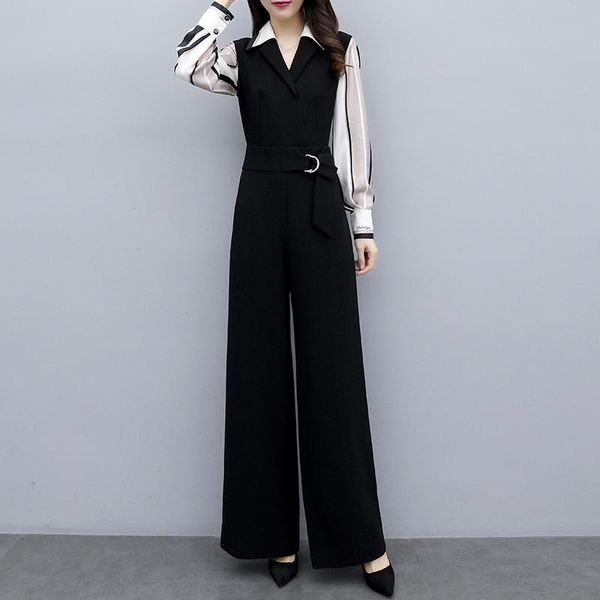 

women's jumpsuits & rompers 2021 summer striped patchwork wide leg women chiffon fashion elegant casual turn down collar ol romper sash, Black;white
