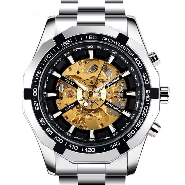 

men hollow watch men business automatic mechanical stainless steel sapphire, Slivery;brown