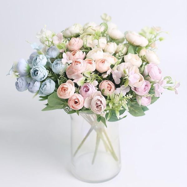 

heads/bunch artificial flowers small tea roses buds vases for home decoration wedding decorative rose bouquet fake plant & wreaths
