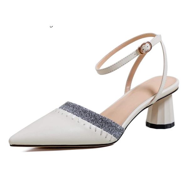 

genuine leather pointed toe strange style med heels bling cozy metal fasteners buckle straps sandals women shoes l51, Black