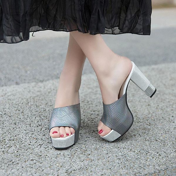 

slippers 2021 arrival summer platform open toes women fashion flock square toe mules wedges high heel fish mouth slipper 4857, Black