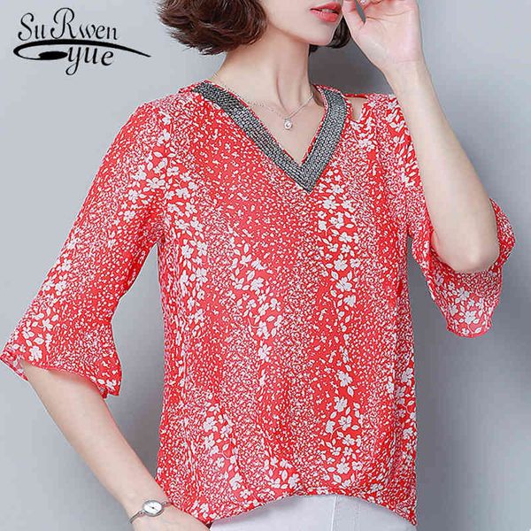

fashion women blouses summer short sleeve print chiffon shirts 3xl 4xl plus size 4675 50 210508, White