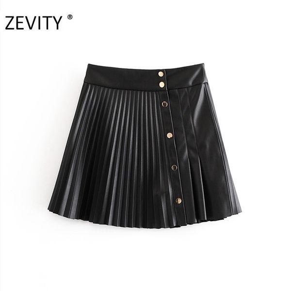 

zevity women vintage high waist pu leather pleated mini skirt faldas mujer ladies front buttons casual brand chic skirts qun689 210419, Black