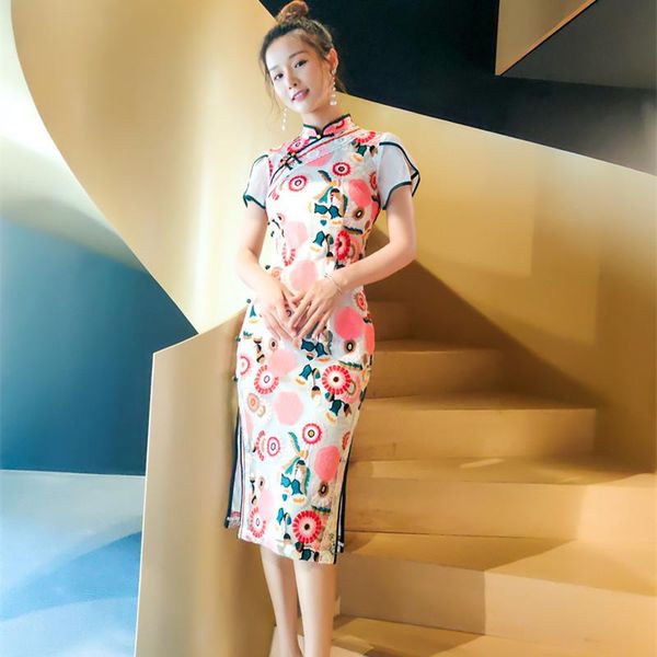

ethnic clothing 2021 summer young models retro chinese style thin lace embroidery flower bud sleeves mid-length improved cheongsam, Red
