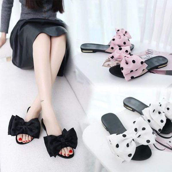 

women slipper flats bow wave point open toe summer beach female footwear sandals casual slides drop slippers, Black