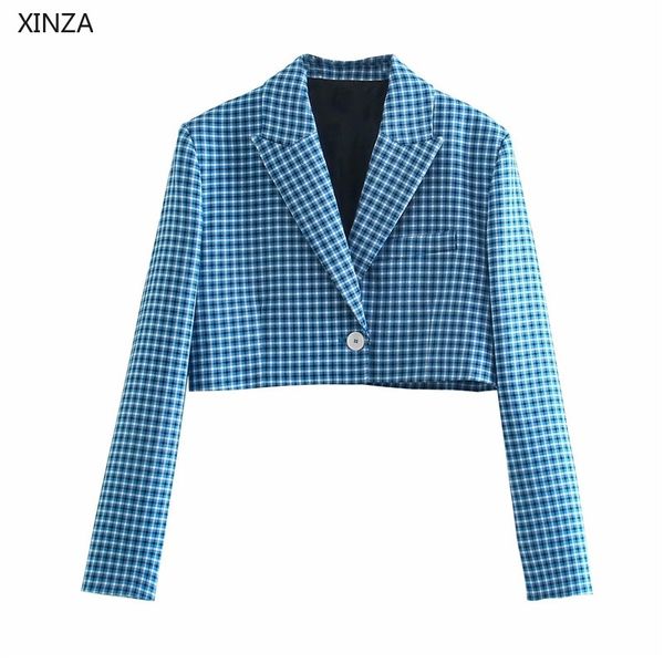 

women's wool & blends women blue plaid cropped blazer long sleeve single button office lady coat feminine false welt pocket summe, Black
