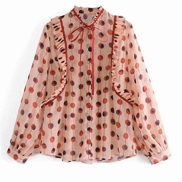 

sweet woman pink loose ruffles seethrough chiffon blouse spring fashion ladies polka dot shirts female casual blouses 210515, White