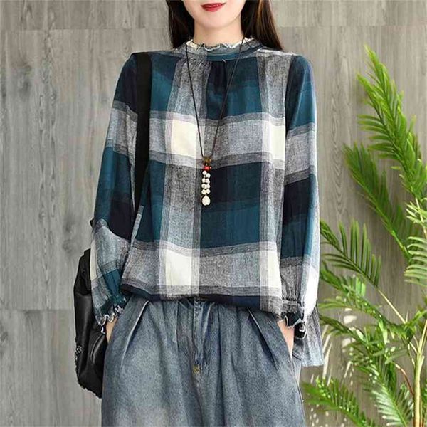 

arrival spring arts style women long sleeve loose casual plaid blouse femme vintage cotton linen shirts v202 210512, White