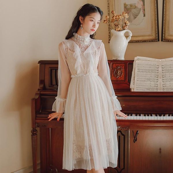 

casual dresses 2021 spring autumn women lace ruffles elastic waist pullover fashionable long a-line dress gd95, Black;gray