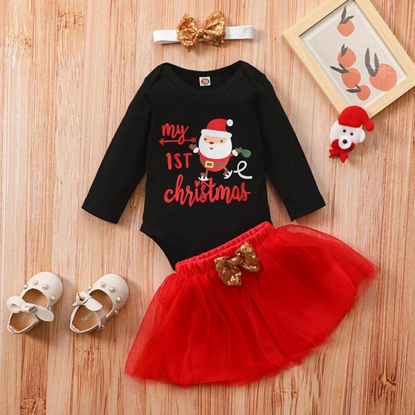 

clothing sets born baby girls christmas cartoon romper bodysuit+bowknot tulle skirt set, White