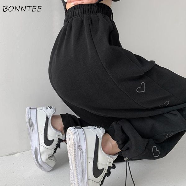 

wide leg pants women baggiest harajuku femme streetwear joggers heart-stitch aesthetic drawstring pantalones loose soft trendy women's, Black;white