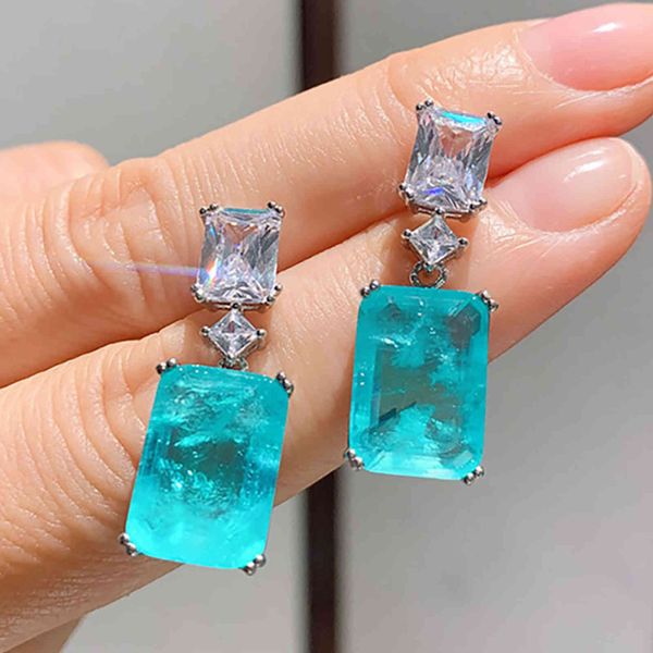 925 Sterling Silver 10 * 14mm Paraiba Tourmaline Lab Diamond Orecchini pendenti per le donne Cocktail Party Wedding Ear Fine Jewelry