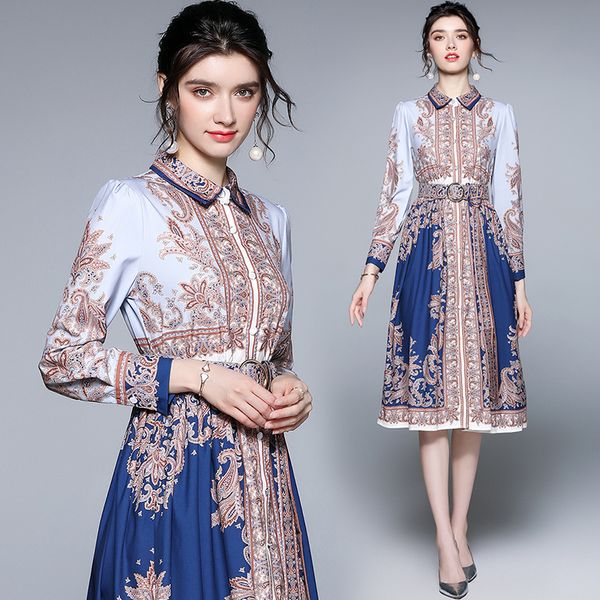 

quality runway printed knee-length dress women luxury designer long sleeve a-line pleated prom dresses slim business party office summer aut, Black;gray