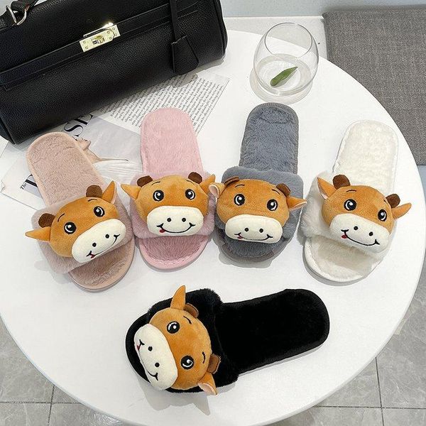 

slippers 2021 autumn and winter home ladies cotton cute calf knot decoration comfortable female furry, Black