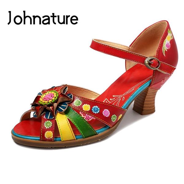 

sandals johnature women shoes platform 2021 spring summer hand-painted genuine leather flower buckle strap ladies, Black