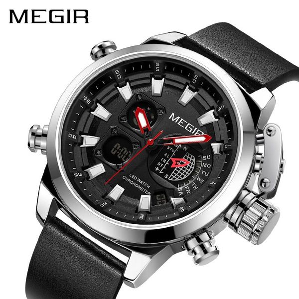 

wristwatches megir dual display sport watch for men digital analog quartz clock man military watches relogio masculino reloj hombre, Slivery;brown