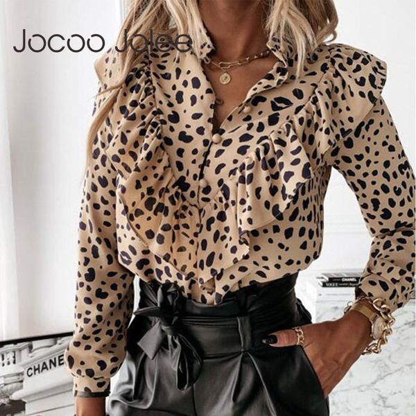 

casual long sleeve leopard dot print ruffles chiffon blouse women loose shirt elegant office lady v neck and blouses 210428, White