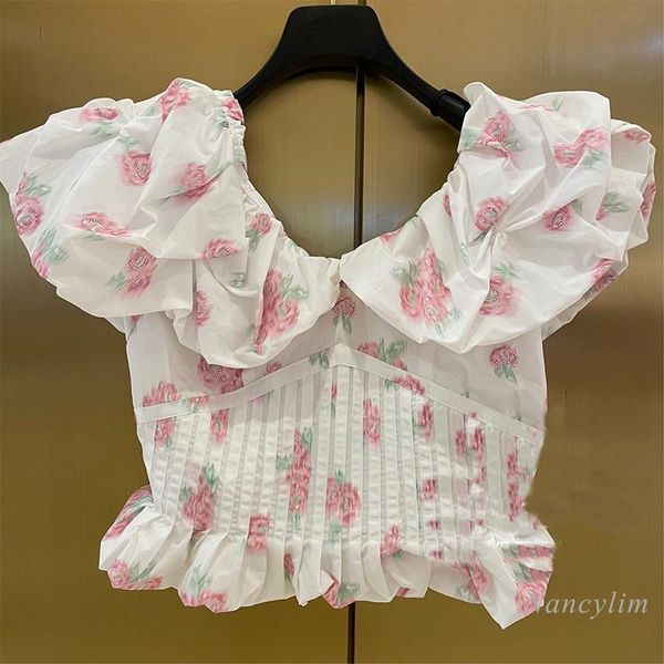 

women's blouses & shirts floral womans fashion design print puff sleeve shirt pleated zipper back crop lady blusas mujer summer, White