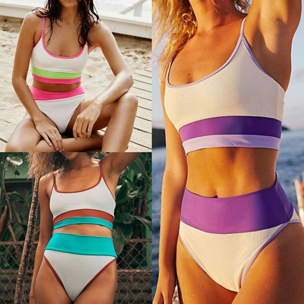 

swimsuit solid color pit bar splicing split bikini for women, White;black