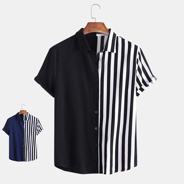 

dresses summer short sleeve two color stripe printed casual men's shirt with lapel, White;black