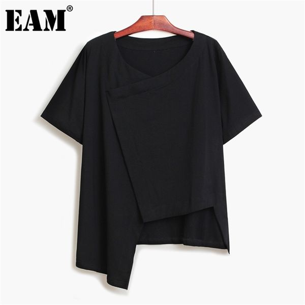 

[eam] women black big size casual irregular spliced cross t-shirt v-neck short sleeve fashion spring summer 1dd8193 210708, White