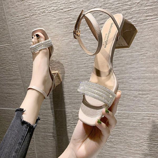 

sandals square toe buckle strap 2021 summer female sandal sale of women's shoes med high heels all-match girls rhinestone fashion pa, Black
