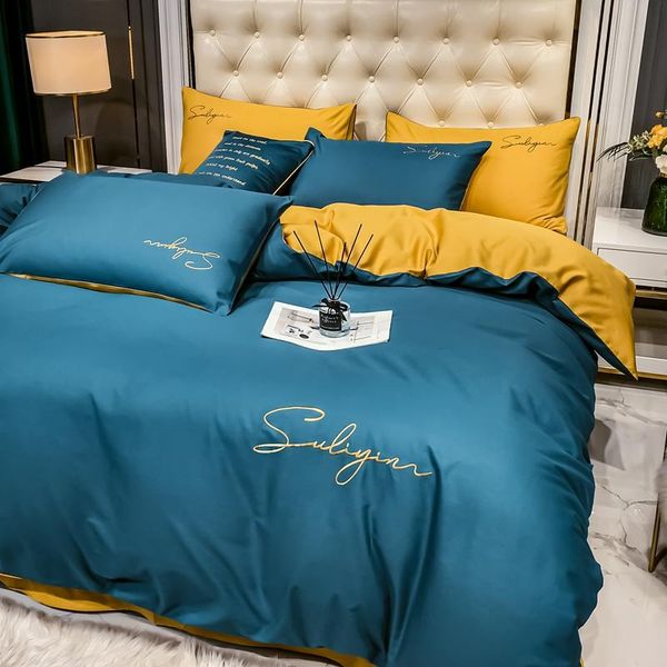 

bedding sets luxury set cotton long-staple egyptian solid color soft embroidery duvet cover bed sheet pillowcase fit king