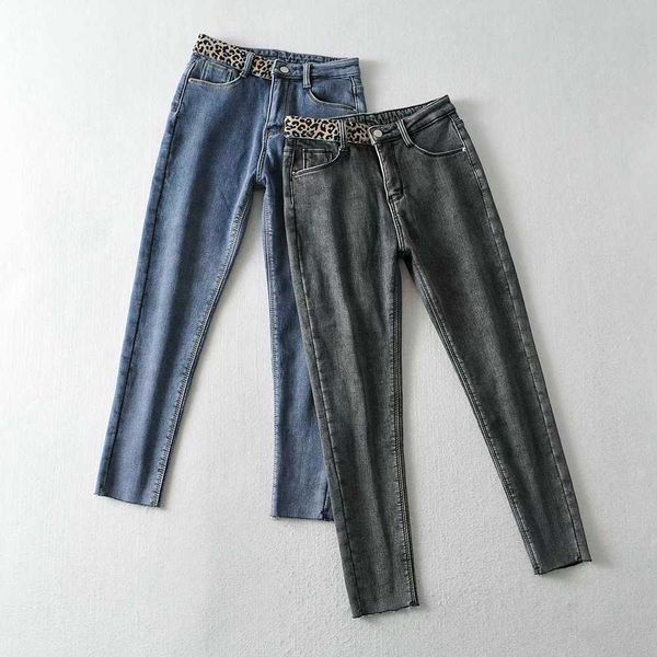 

fashion jeans autumn and winter 2021 versatile leopard pattern stitching slim stretch plush for women, Blue