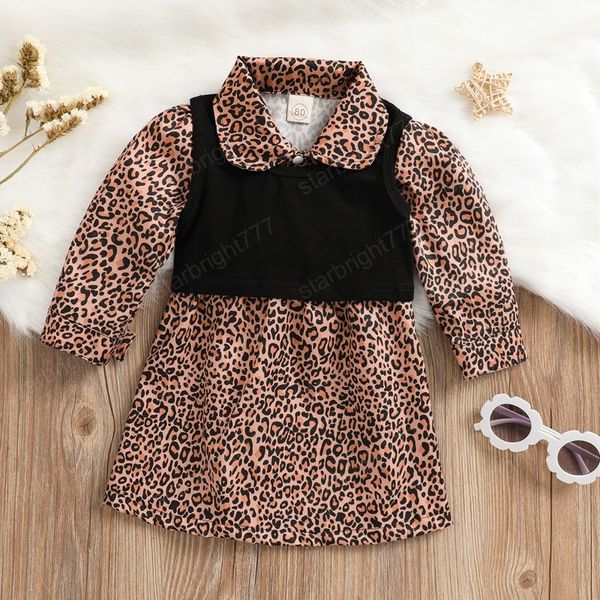 Прекрасная маленькая девочка одежда набор модных детей леопардовый платье длиной с длинным рукавом и подрезанным жилетом