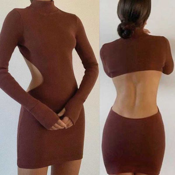 

casual dresses fashion sweater dress women turtleneck mini bodycon long sleeve hollow out stitching for, Black;gray