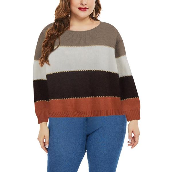 

Plus Size T-Shirt Loose Autumn Winter Striped Sweater Women Warm Knitted Pullover Sweaters Casual Patchwork Jumper Famale, Black