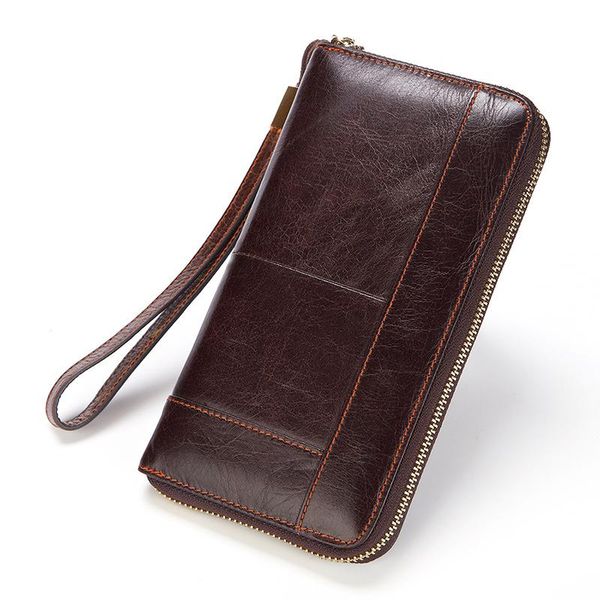 

wallets wristband men clutch wallet cowhide leather business handhold zipper mobile phone pouch bag men's cards cash purse, Red;black