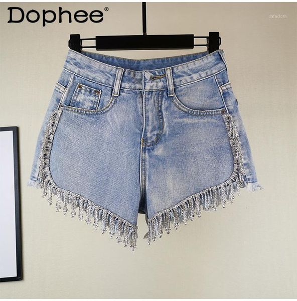 

summer 2021 korean version thin wide-leg pants heavy-duty rhinestone fringed high-waist denim shorts for women women's jeans, Blue