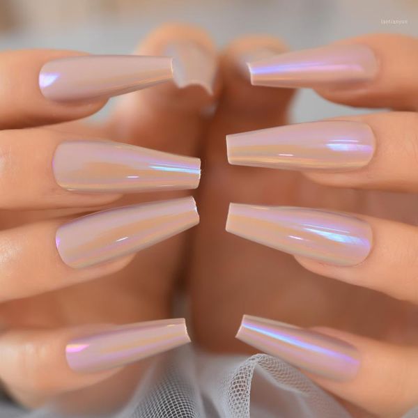 

acrylic fake press on nail chrome pink uv gel rainbow false artificial nails metallic for women faux ongles coffin ballerina1, Red;gold