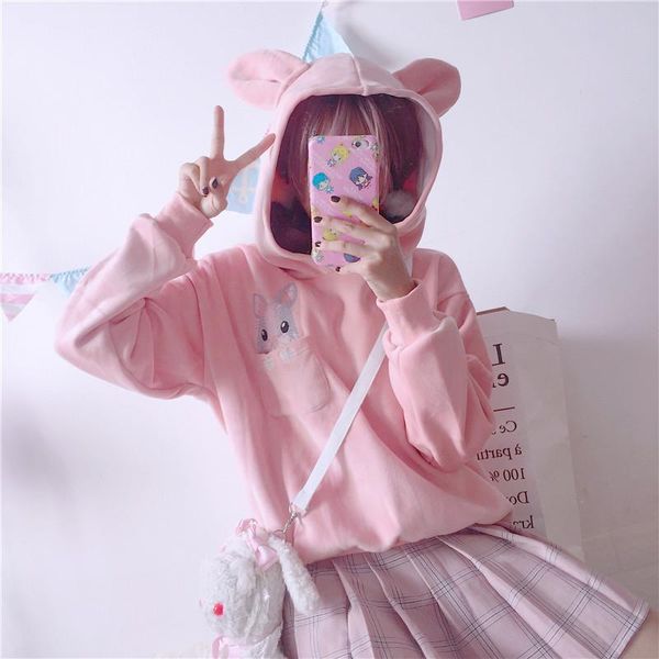 

women's hoodies & sweatshirts female korean kawaii cute casual loose velvet sweatshirt japanese harajuku ulzzang clothing for women, Black