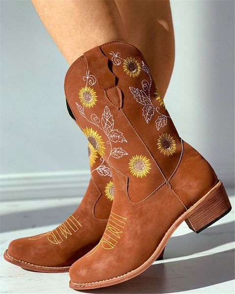 

brand leisure cosy walking chunky heels embroidery shoes women spring autumn vintage western boots big size 43, Black