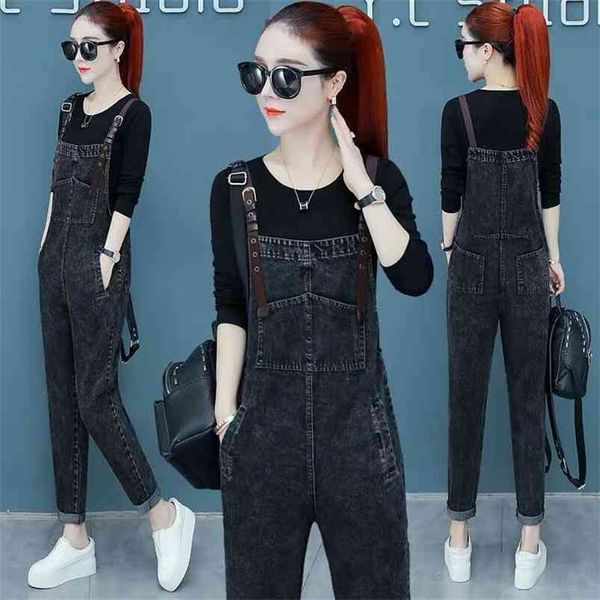 

women's denim overalls korean style loose high waist pencil pants casual adjustable strap pocket jumpsuit women jeans streetwear 210604, Black;white
