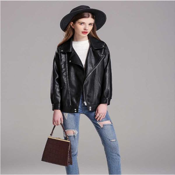 

women's leather & faux 2021 casual loose drop shoulder short ladies motorcycle jacket, Black