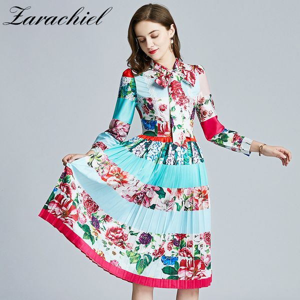 

spring summer fashion designer elegant midi women long sleeve bow tie collar lace patchwork flower print pleated dress 210416, Black;gray