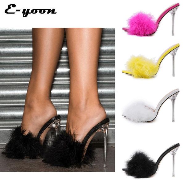 

sandals high heels women furry slipper ladies crystal fashion shoes feather fluffy women's fur summer slippers, Black