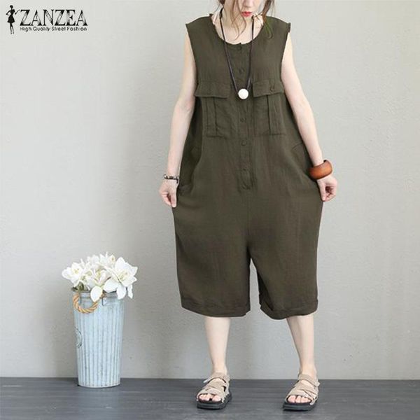 

women's jumpsuits & rompers zanzea vintage wide leg cotton linen pants 2021 summer sleeveless playsuits femme overalls pantalon, Black;white