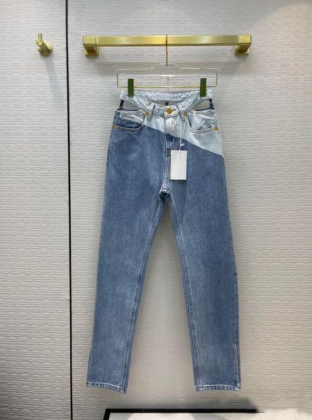 

women's jeans hollow out waist for women fashion spliced contrast design split leg denim pants high autumn 2021, Blue
