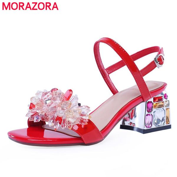 

genuine leather sandals women shoes buckle square crystal high heels party wedding summer rhinestone, Black