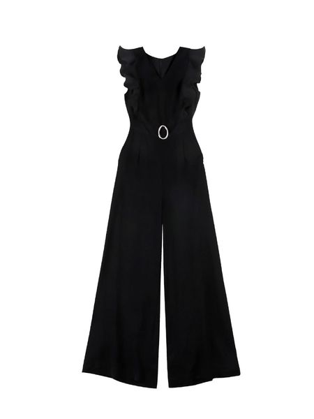 

black elegant office lady solid ruffle sleeveless rompers summer workwear women jumpsuits, Black;white