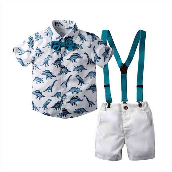 

kimocat boys summer childrens clothing dinosaur print bow tie shorts casual 4 piece set 2 8 years old, White