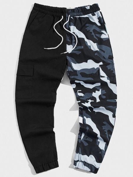 

romwe guys colorblock camo cargo pants o5ci#, Black