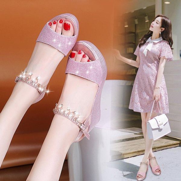 

dress shoes 2021 summer sweet wind fashion sequins thick bottom slope with a word sandals women, Black