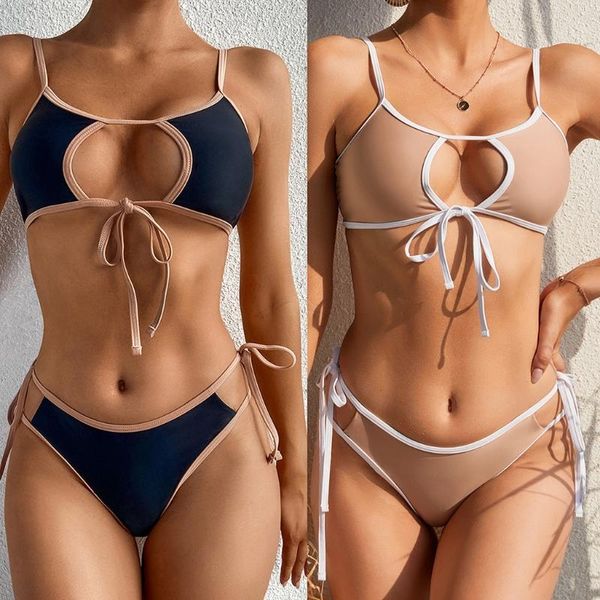 

one-piece suits womens 2 piece bikini set hollow out keyhole tie front bra push up swimsuit side thong contrast color strappy bathing