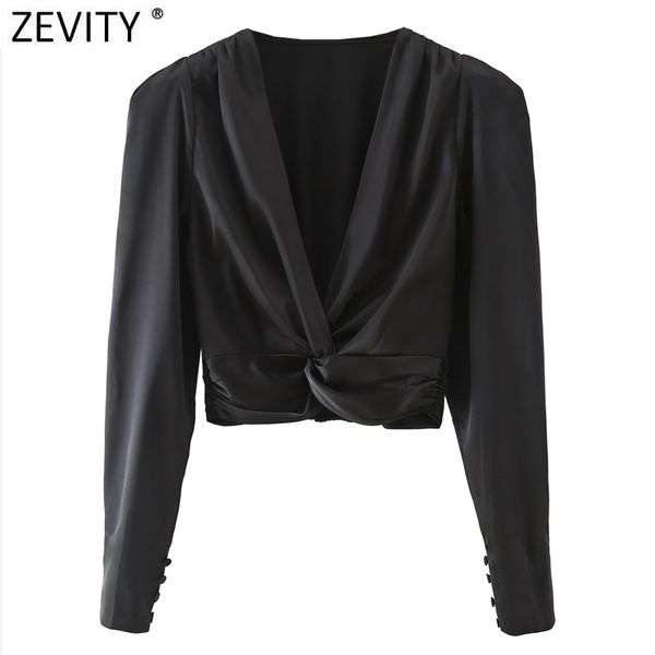 

zevity women deep v neck knotted short smock blouse ladies puff sleeve satin shirt chic hem elastic blusas ls7628 210419, White