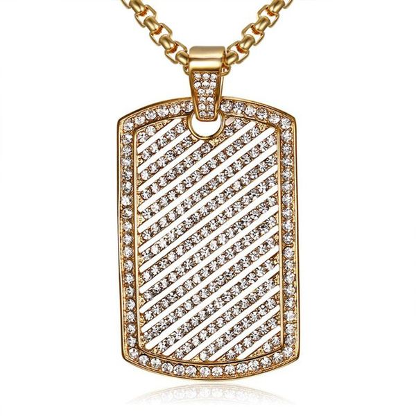 

pendant necklaces geometric square dog tag pendants gold 316l stainless steel cz crystal paved bling iced out men hip hop rapper jewelry, Silver